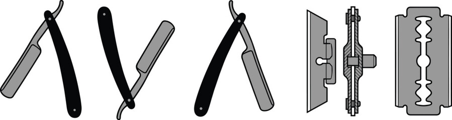 Collection of Barber Shaving Tools Vector Set Featuring Straight Razors, Safety Blades, and Screw-In Holders for Hairdressing and Grooming Iconography.