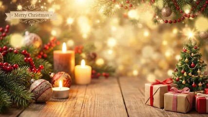A beautifully composed festive scene unfolds on a rustic wooden surface, exuding warmth and holiday cheer. Lush evergreen branches, adorned with vibrant red berries and shimmering decorative baubles, 