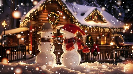 Festive Snowmen Decorated with Hats and Scarves Standing in Front of Illuminated Christmas Cabin