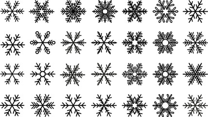 Collection of Various Snowflake Icons and Symbols Set of Twenty-Eight Detailed Black Outline Winter and Christmas Graphic Elements for Decoration and Design.