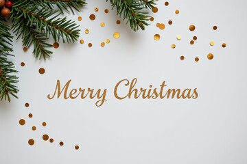 a soft minimal christmas flat lay with a few scattered golden confetti dots on a pure background, highlighting calmness and clarity, with " merry christmas " added in a clean, luxurious serif font.