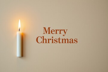 a minimal christmas card concept using soft beige tones with a single candle flame creating calm illumination, and the phrase " merry christmas " positioned delicately to maintain visual harmony.
