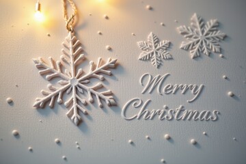 a calm festive composition featuring a delicate snowflake design embossed subtly on a flat background, with refined lighting and the phrase merry christmas in understated typography.