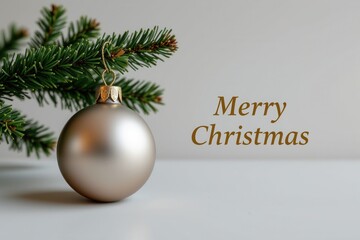 A simple Christmas ornament features a Christmas ball on one side asymmetrically placed on a flat surface, with the words "Merry Christmas" combined with the use of calm and simple imagery.