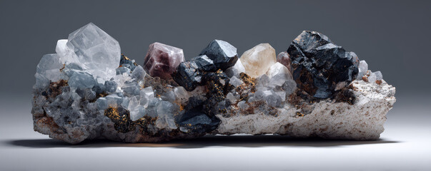 Natural mineral cluster with quartz and dark crystals on white matrix, detailed texture and subtle lighting