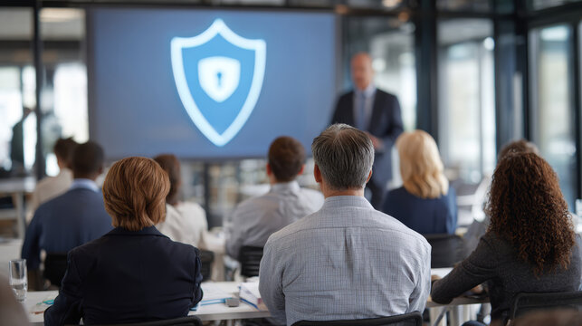 Cybersecurity training session with diverse business people listening to speaker in modern office - Powered by Adobe