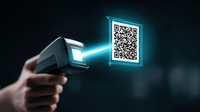 Barcode scanner scanning digital QR code with blue light beam in dark background, technology concept