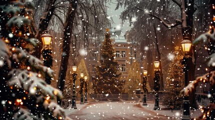 Festive Snowy Park with Christmas Trees and Lanterns During Winter Evening