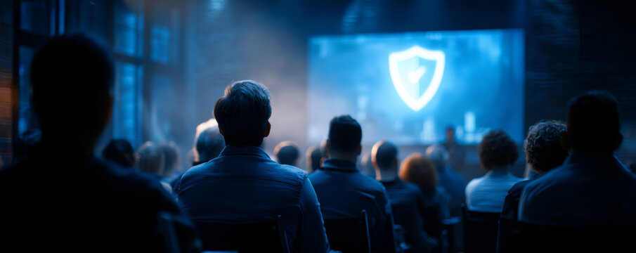 Cybersecurity conference with audience watching presentation on digital protection in dark room