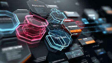 Abstract Hexagonal Interface: A modern, futuristic interface composed of glowing hexagonal shapes and data displays, representing the cutting edge of technological innovation and digital progress. - Powered by Adobe