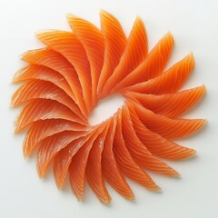 Beautifully arranged thin slices of fresh raw salmon sashimi forming a vibrant orange circular pattern on a clean on white background
