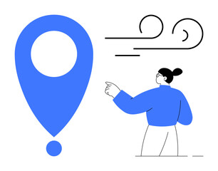 Navigation, geolocation, wayfinding, abstract communication, travel, direction. A person pointing at a large blue location marker. Navigation and geolocation concept