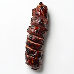 Perfectly grilled and sliced smoked sausage with a rich caramelized glaze presented vertically on a clean for food concepts on white background