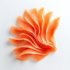 Delicate slices of fresh orange salmon sashimi arranged artfully in a fan shape on a clean for gourmet food presentation on white background