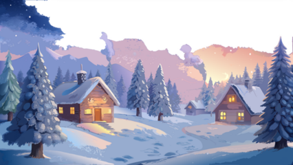 Serene snowy winter landscape with cozy lit cabins, snow-covered pine trees, winding path and smoky chimneys under a pastel twilight starry sky — peaceful holiday scene for greeting cards, backgrounds