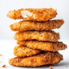 Perfectly stacked golden brown breaded chicken tenders seasoned with salt and pepper create an appetizing fast food snack on white background
