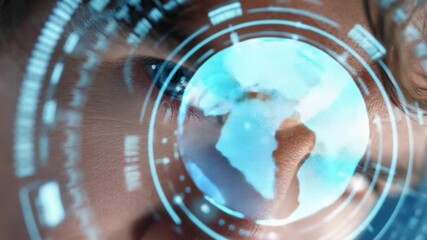 Global Vision: A person's eye focused on a holographic projection of Earth, representing the future of technology and global awareness. - Powered by Adobe