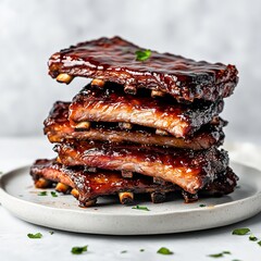 Stack of perfectly grilled barbecue pork ribs glistening with sweet sticky sauce served on a modern plate ready for eating on white background