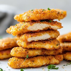 Stack of perfectly golden brown crispy breaded chicken tenders seasoned with herbs and spices showing juicy white meat inside on white background