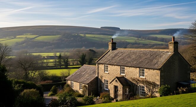 Historic stone country cottage with smoking chimneys overlooking picturesque rolling green hills and serene rural landscape under a clear blue sky - Powered by Adobe