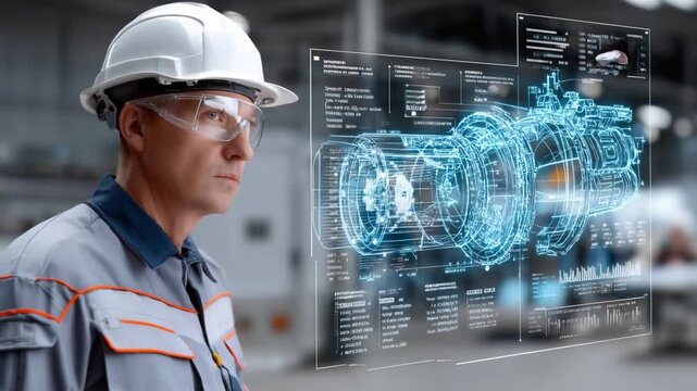 Industry Engineer at Work: An engineer with a protective helmet intently examines a holographic projection of an engine within an industrial setting, focused on the complex technical schematics.