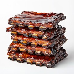 Stack of five glistening barbecue pork ribs generously coated in thick sweet and savory brown glaze against a on white background