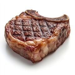 Perfectly grilled bone in ribeye steak with distinct crosshatch sear marks on a clean studio shot on white background