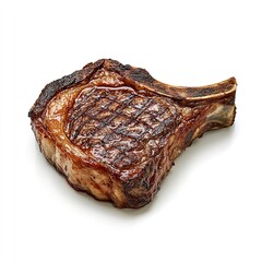 Perfectly grilled bone in ribeye steak with rich char marks on a clean bright for gourmet food advertising on white background