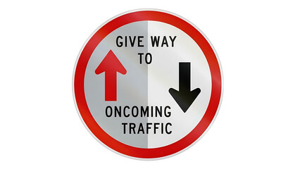 Fototapeta premium Traffic sign indicating give way to oncoming traffic with red and black arrows isolated on white background