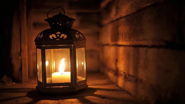 Vintage metal lantern with a glowing candle placed against a rustic brick wall, casting a warm amber light and soft shadows. The low-light scene creates a cozy, intimate