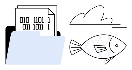 Data encryption, digital archives, information technology, nature concepts, binary , phishing. A folder with binary code and an outlined fish. Data encryption and digital archives