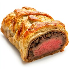 Perfectly cooked beef wellington slice reveals tender medium rare center encased in golden flaky puff pastry against white on white background