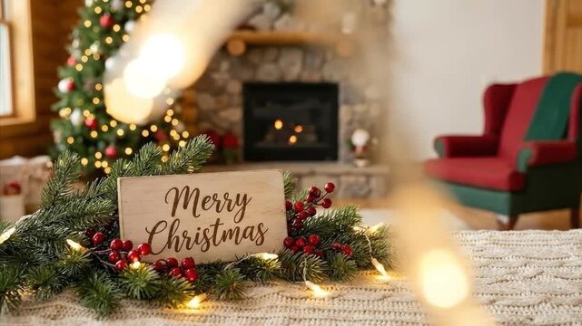 A beautifully festive scene capturing the essence of the winter holiday season. A wooden sign inscribed with "Merry Christmas" rests amidst vibrant green pine branches, bright red berries, and twinkli
