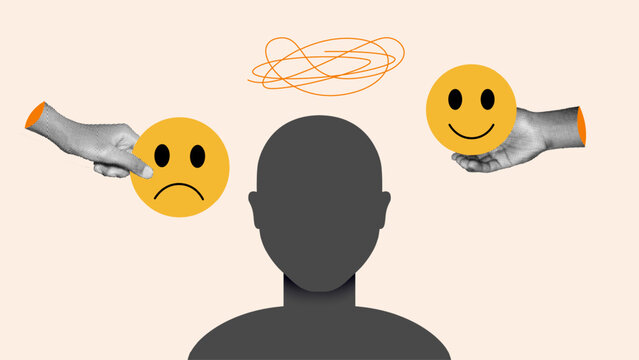A silhouette of a person with happy and sad emojis, positive and negative feelings. Mental health awareness and mood management