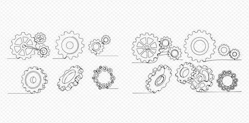 Continuous line drawing of various gears and cogs, illustrating mechanical engineering and industrial concepts.
