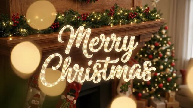 A beautifully illuminated 'Merry Christmas' sign glows warmly, hanging gracefully in front of a cozy fireplace mantel. The mantelpiece is elegantly adorned with a lush evergreen garland, sparkling str