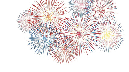 Colorful abstract burst of fireworks exploding in the night sky isolated on white background