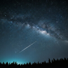Vertical night landscape of the Milky Way galaxy with a bright shooting star falling over a pine forest silhouette. Deep blue starry sky background showing the cosmos.