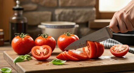 Close-up of a hand slicing fresh red tomatoes on a rustic wooden cutting board with basil leaves in a home kitchen setting