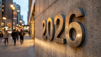 A captivating close-up shot of the metallic numbers "2026" boldly displayed in relief on a rugged, textured concrete building facade. The weathered metal numbers gleam subtly under the soft, warm glow