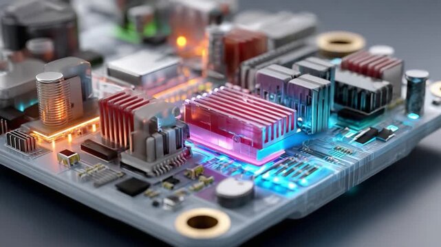 Circuit Board: A complex circuit board glows with a network of circuits and integrated components, a visual representation of technology, innovation, and cutting-edge advancements.