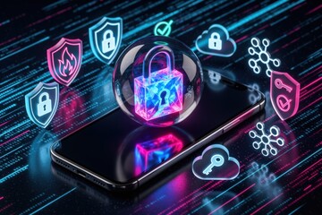 Cybersecurity and privacy concepts to protect data. Digital lock on smartphone with colorful cyber security icons surrounding it.