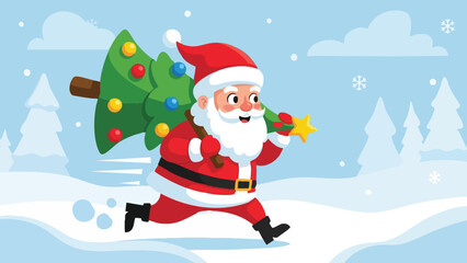 Cute Santa Claus Running with Christmas Tree Illustration