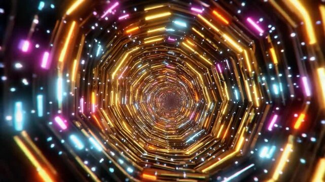 Neon Tunnel of Light: A mesmerizing journey through an intricate tunnel of vibrant neon lights. with each facet glowing, the scene creates a dazzling display of color and form.