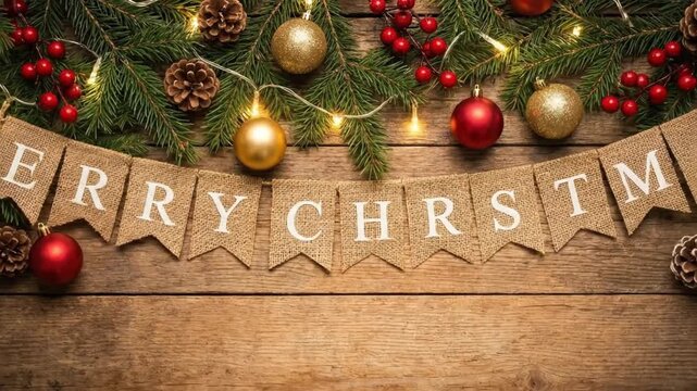 A charming flat lay captures the festive spirit of the winter holiday season, featuring a rustic wooden background adorned with lush evergreen branches. Delicately woven string lights cast a warm glow