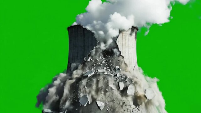 Destroyed Nuclear Cooling Tower With Debris On Green Screen
