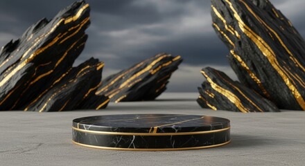 Black marble podium with gold lines against dramatic black and gold rock formations, cloudy sky: Premium outdoor display.
