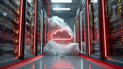 Cloud Computing Concept: A server room visualizes cloud computing, with the glowing cloud illuminating the technological landscape, representing connectivity and digital storage. - Powered by Adobe