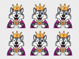 Obraz premium Cute smiling cartoon wolf king mascot character set giving a double thumbs-up gesture, wearing a purple cape and golden royal crown, expressing confidence, happiness, and ultimate approval for brandin