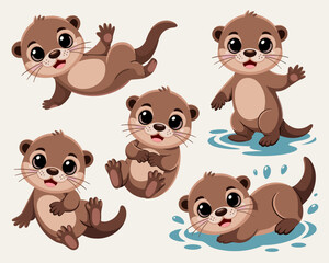 Adorable cute cartoon otter illustrations collection featuring a playful group of happy semi-aquatic mammals swimming, splashing water, and smiling, perfect vector graphic for wildlife education, chil